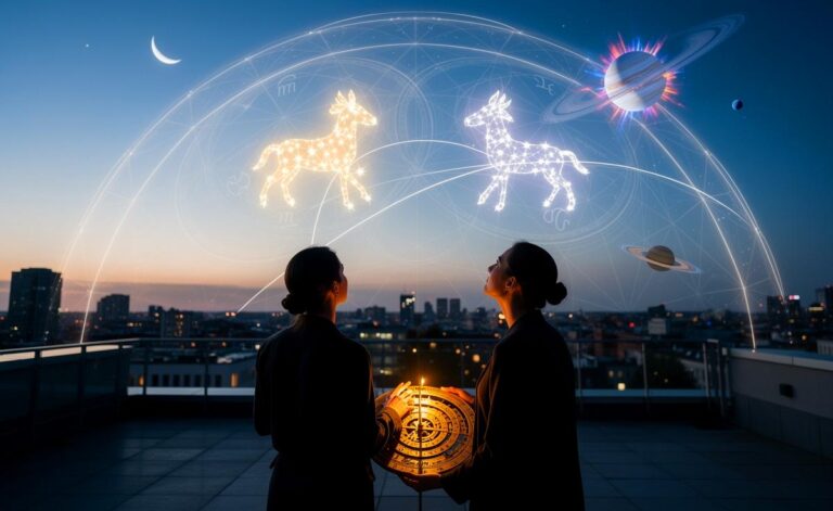 Illustration von zwei Sternzeichen am 28. März 2026, deren astrologische Konstellationen ungeahnte Möglichkeiten der Selbstverwirklichung eröffnen