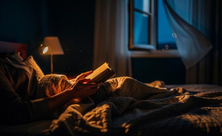 Illustration von drei einfachen, übersehenen Gewohnheiten für gesunden Schlaf: eine Person, die in einem gedimmten, warm beleuchteten Raum liest, ein Fenster, das kühle Nachtluft hereinlässt, und ein Notizbuch zur mentalen Entspannung.