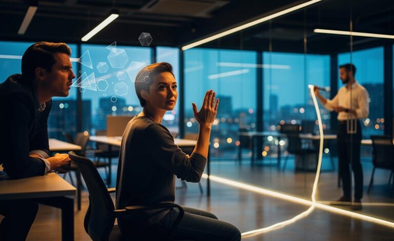 Illustration von drei psychologischen Strategien zur Deeskalation: eine Person, die aktiv zuhört, eine, die eine Pause einlegt, und eine, die eine Grenze mit einer Wenn-Dann-Formel kommuniziert.