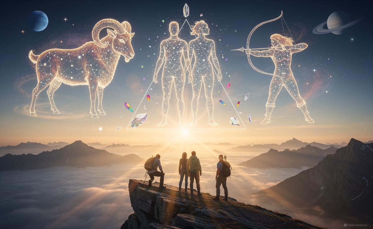 Illustration von Widder, Zwillinge und Schütze am 29. März 2026, die unter der Sonne im Widder und mit Merkur-Einfluss außergewöhnliche Klarheit gewinnen