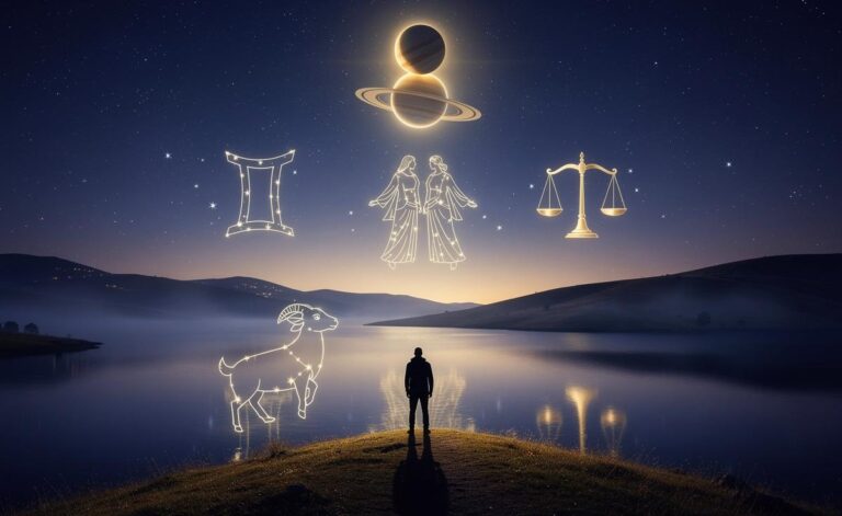 Illustration von Jupiter und Saturn in einer harmonischen Konstellation über den Sternzeichen Zwillinge, Waage und Steinbock.