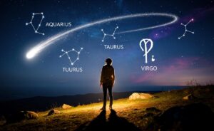 Illustration von drei Sternzeichen-Symbolen – Wassermann, Stier und Jungfrau – vor einem nächtlichen Sternenhimmel, durch den am 31. März 2026 ein strahlender Komet als Symbol für unerwartete Chancen fliegt.