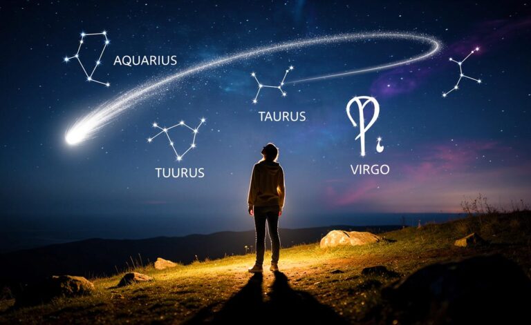 Illustration von drei Sternzeichen-Symbolen – Wassermann, Stier und Jungfrau – vor einem nächtlichen Sternenhimmel, durch den am 31. März 2026 ein strahlender Komet als Symbol für unerwartete Chancen fliegt.