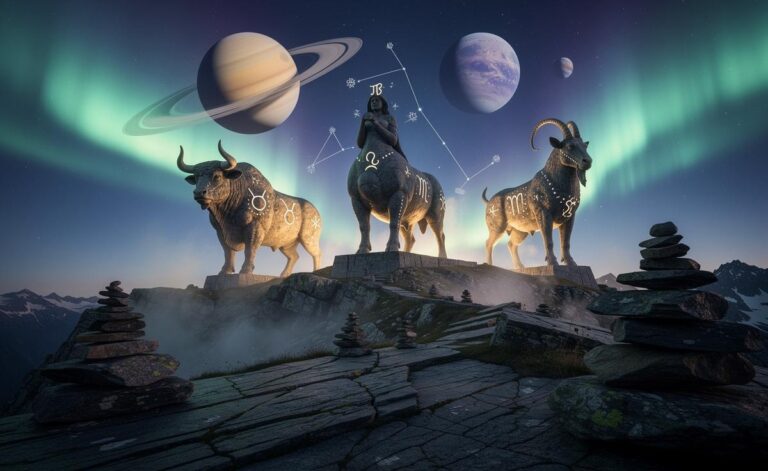 Illustration von drei Erdzeichen (Stier, Jungfrau, Steinbock), die am 29. März 2026 in eine Phase der Beständigkeit eintreten, unterstützt durch Saturn- und Jupiter-Transite