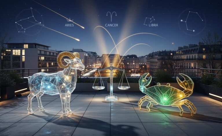 Illustration von drei Sternzeichen – Widder, Krebs und Waage –, die am 24. März 2026 überraschendes Glück und Erfolg anziehen