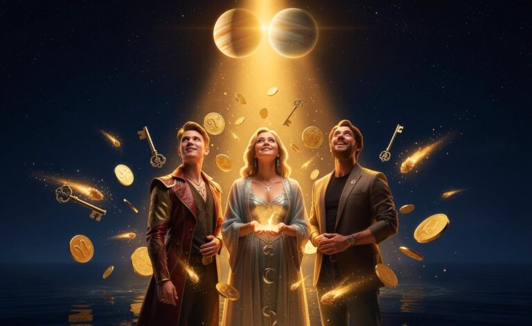 Illustration von Widder, Krebs und Steinbock, die unter einem strahlenden Nachthimmel mit den Planeten Jupiter und Venus unerwartete Symbole für Glück und Wohlstand empfangen.