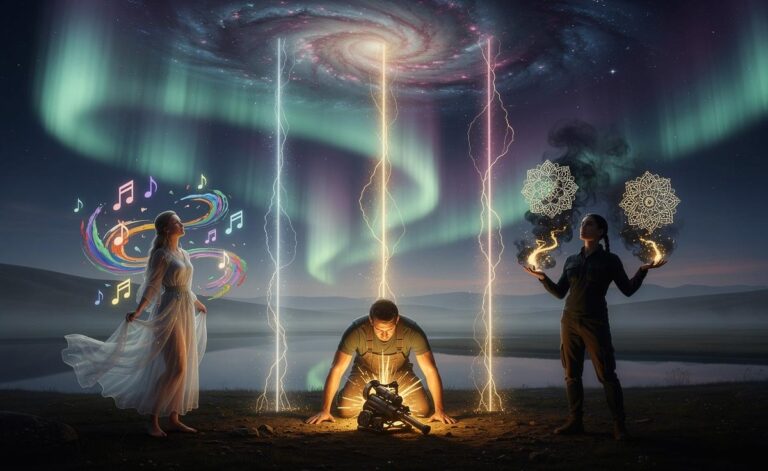 Illustration von drei Sternzeichen, die unter einem nächtlichen Sternenhimmel mit einem leuchtenden Energiewirbel mystische Inspiration und kreative Funken anziehen.