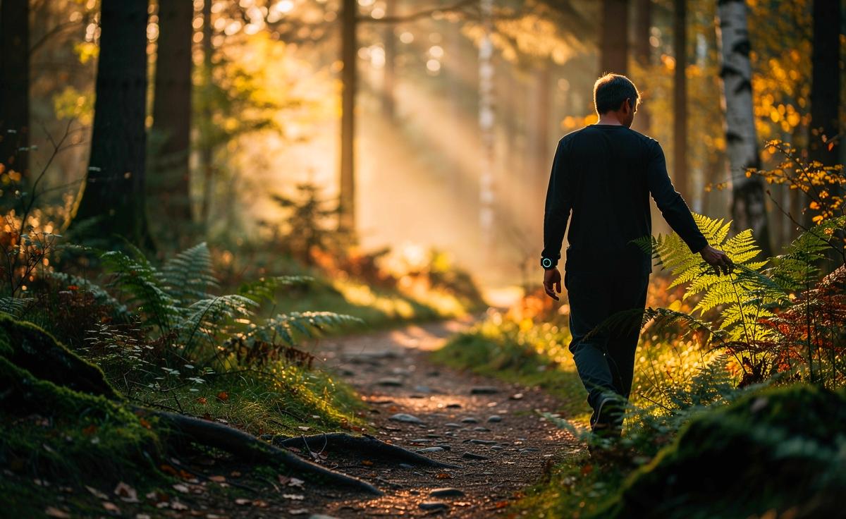 Illustration von einem 30‑minütigen täglichen Waldspaziergang zur Förderung der mentalen Gesundheit laut Psychologen