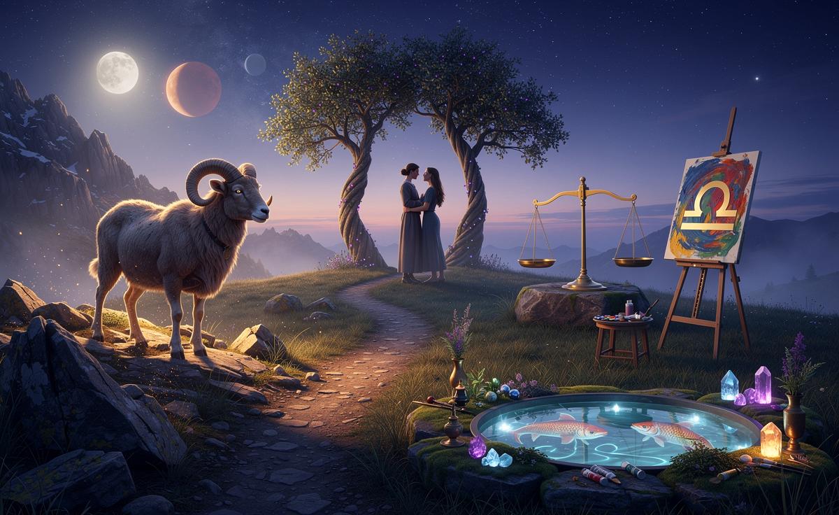 Illustration von vier Sternzeichen-Symbolen – Widder, Zwillinge, Waage und Fische – auf unkonventionellen Pfaden der Selbstfürsorge vor einem Hintergrund des Nachthimmels am 30. März 2026.