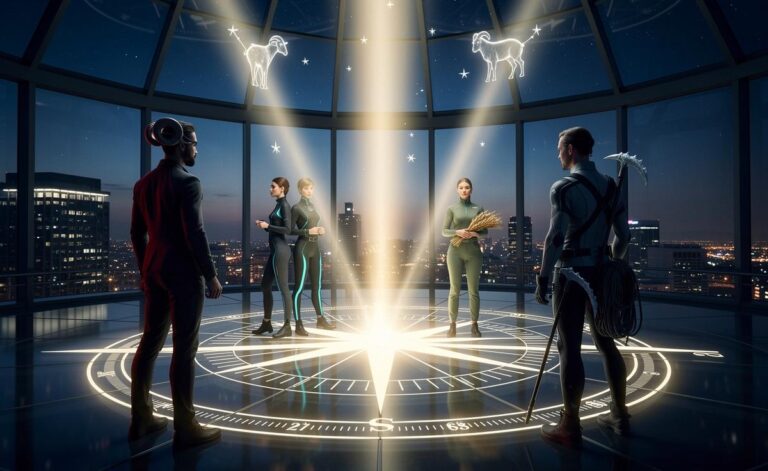 Illustration von Widder, Zwillinge, Jungfrau und Steinbock, die am 24. März 2026 Klarheit und Fokus erlangen