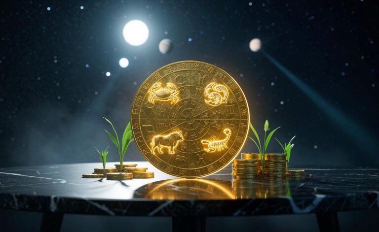 Illustration von vier Sternzeichen, die ab dem 28. März 2026 finanzielle Blüte und Wachstum erleben