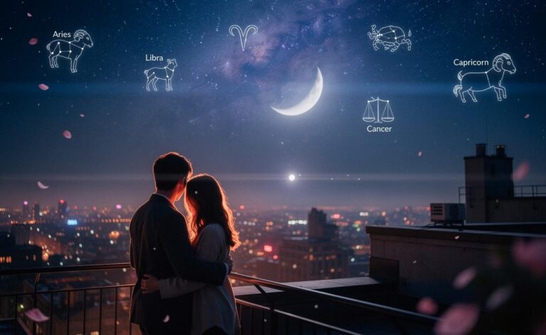 Illustration von vier Sternzeichen – Widder, Waage, Krebs und Steinbock – vor einem Sternenhimmel mit Venus und Mond am 29. März 2026, mit dezenten Liebessymbolen