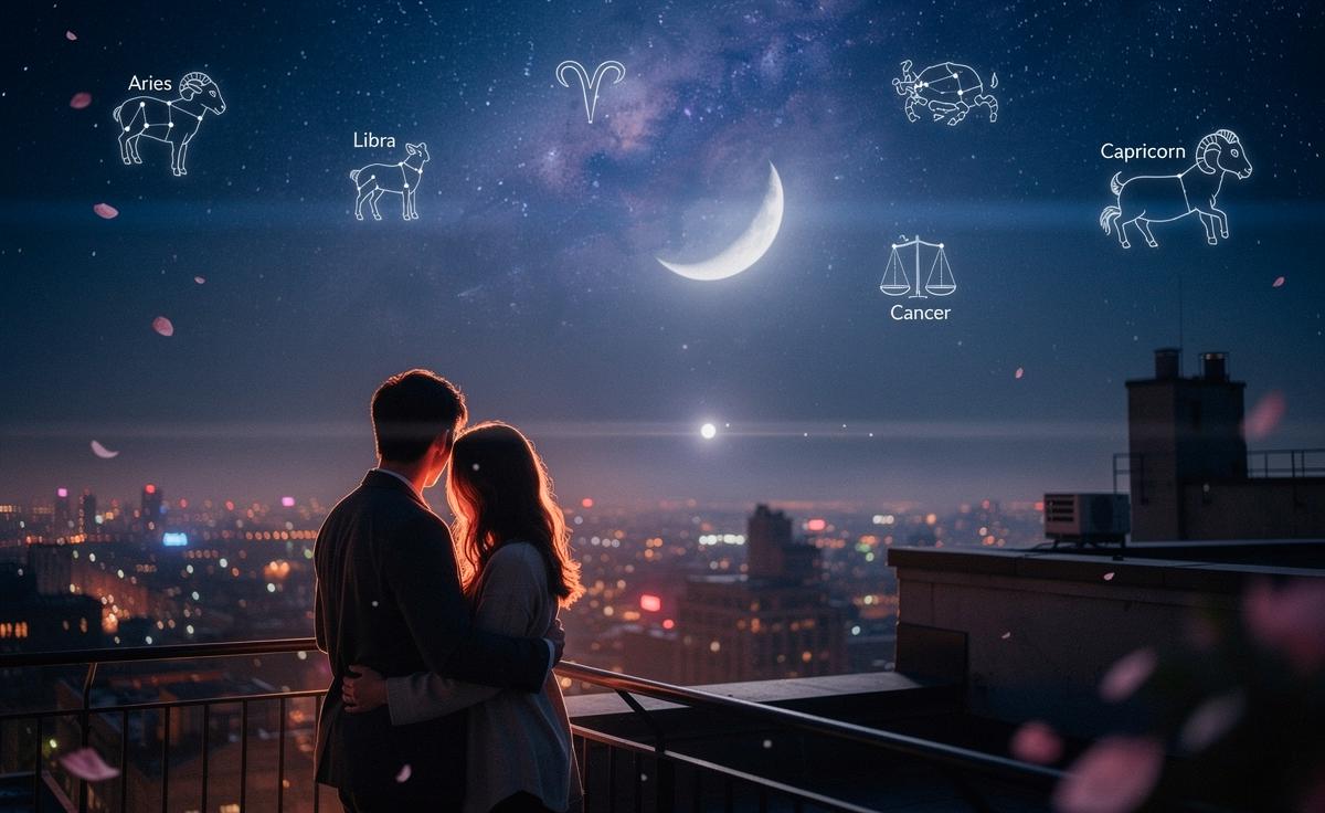 Illustration von vier Sternzeichen – Widder, Waage, Krebs und Steinbock – vor einem Sternenhimmel mit Venus und Mond am 29. März 2026, mit dezenten Liebessymbolen