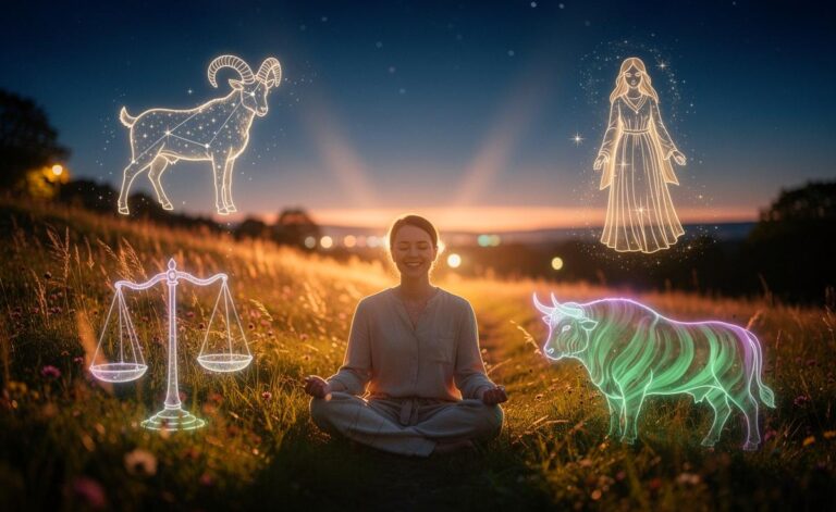 Illustration von vier Sternzeichen (Widder, Waage, Jungfrau und Stier), die am 24. März 2026 innere Balance und Gesundheit finden