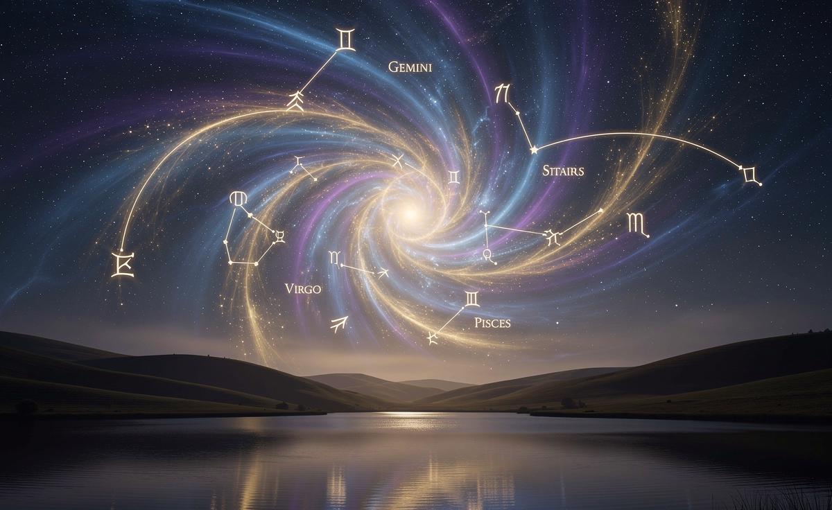 Illustration von vier Sternzeichen-Symbolen vor einem kraftvollen kosmischen Energiesturm am Nachthimmel des 31. März 2026.