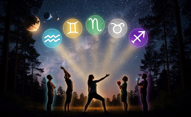 Illustration von fünf Sternzeichensymbolen – Wassermann, Zwillinge, Stier, Jungfrau und Schütze – in einem harmonischen kosmischen Energiestrom, der auf einen Kalendereintrag für den 30. März 2026 strahlt.