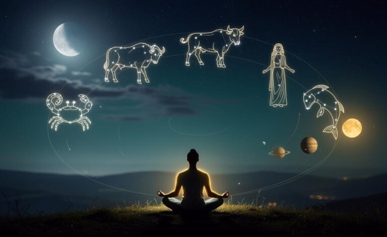 Illustration von fünf Sternzeichen (Widder, Stier, Krebs, Jungfrau, Fische), die am 29. März 2026 unter günstigen Planetentransiten und einer harmonischen Mondphase inneren Frieden und Gesundheit finden