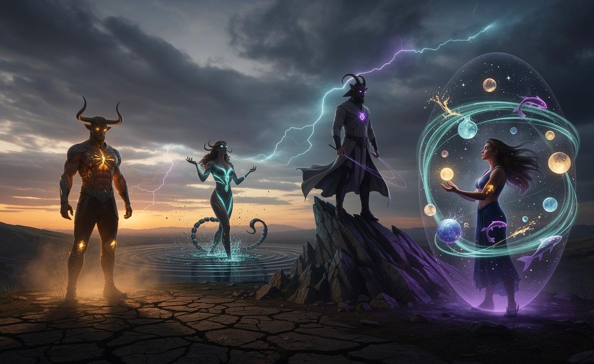 Illustration von fünf Sternzeichen-Symbolen, die in einem stürmischen kosmischen Energiefeld ruhen und innere Stärke ausstrahlen.