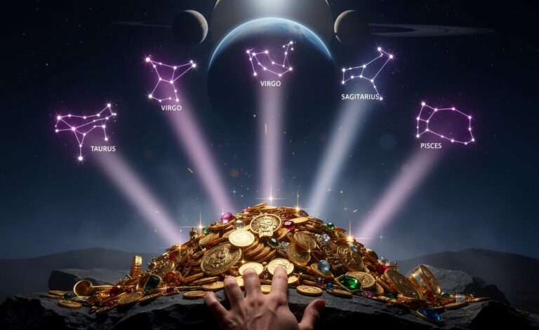 Illustration von fünf Sternzeichen – Stier, Jungfrau, Schütze, Steinbock und Fische – die unter einem glückverheißenden Sternenhimmel am 31. März 2026 goldene Münzen und Symbole des Wohlstands anziehen.