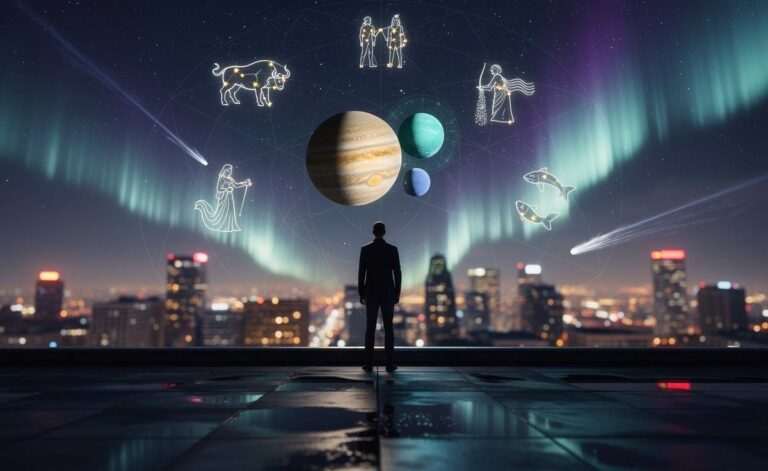 Illustration von Stier, Zwillinge, Wassermann, Schütze und Fische, die am 29. März 2026 unerwartete Möglichkeiten und Wachstum anziehen