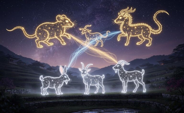 Illustration von sechs chinesischen Sternzeichen – Ratte, Drache, Affe, Hase, Ziege und Hund – unter einem glückverheißenden Nachthimmel am 31. März 2026.