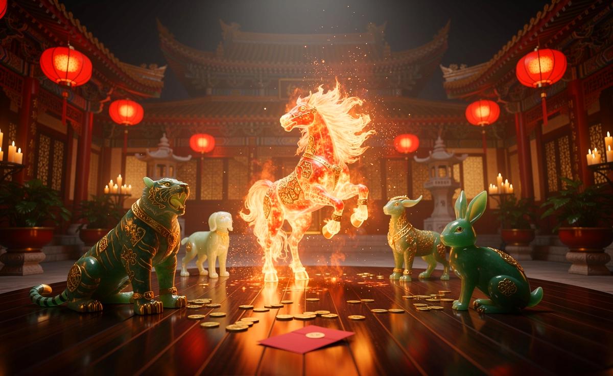 Illustration von sechs chinesischen Sternzeichen, die am 28. März 2026 im Jahr des Feuer‑Pferdes Glück und Wohlstand anziehen