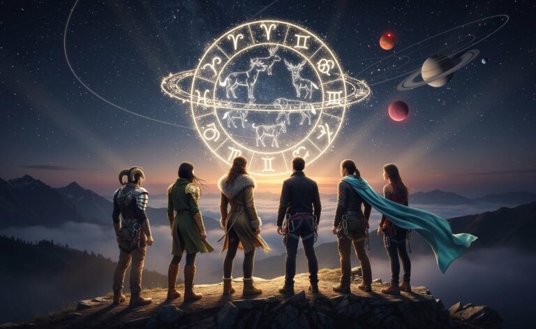 Illustration von sechs Sternzeichen, die am 29. März 2026 Herausforderungen mit Stärke meistern