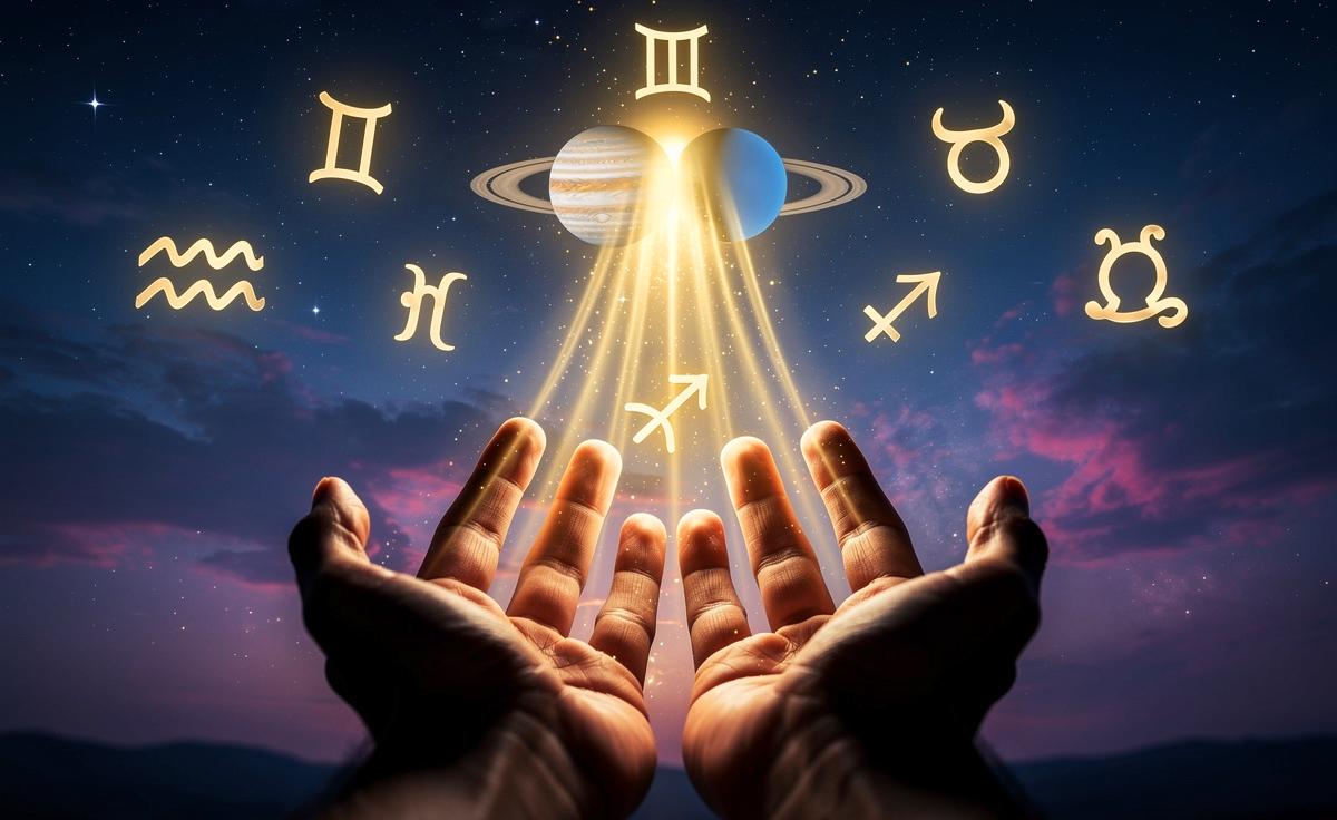 Illustration von Jupiter und Uranus in einer leuchtenden Konjunktion über den Sternzeichen Wassermann, Zwillinge, Stier, Skorpion, Löwe und Schütze, die goldene Energie- und Geldströme empfangen.