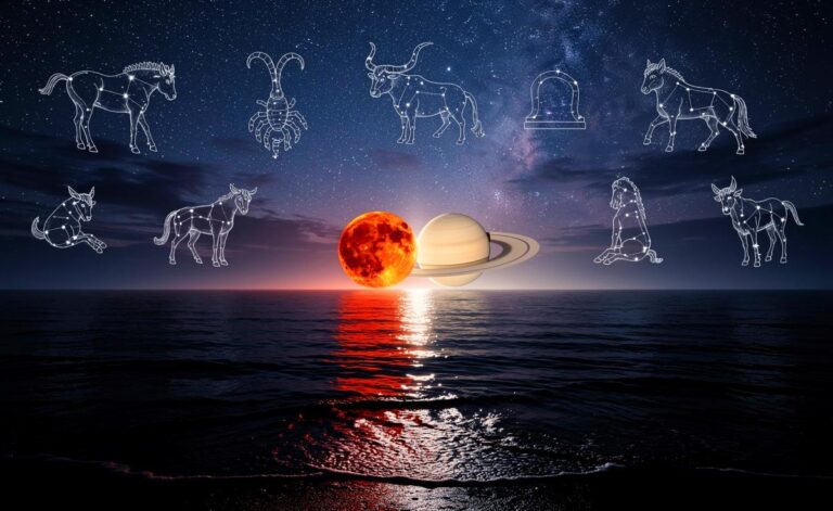 Illustration von Mars und Saturn in einer kraftvollen Konjunktion im Sternzeichen Fische vor einem Hintergrund mit den sieben betroffenen Tierkreiszeichen