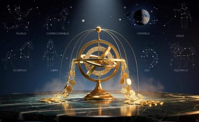 Illustration von sieben Sternzeichen, die ab dem 29. März 2026 finanzielle Fülle anziehen