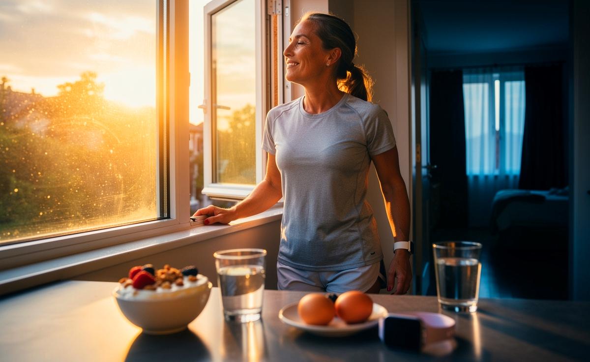 Illustration von Maßnahmen gegen frühe Müdigkeit ab 40 mit Licht, Schlaf, Bewegung und proteinreicher Ernährung