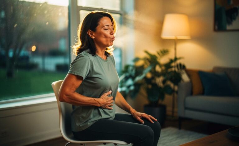 Illustration von einer Person in den Vierzigern, die die 4-6-Atmung zur Stressreduktion übt, aufrecht sitzend, durch die Nase ein- und durch gespitzte Lippen ausatmend