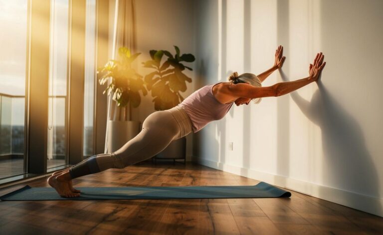 Illustration von einer Person ab 50 beim Halben Hund an der Wand zur natürlichen, dauerhaften Stärkung der Rückenmuskulatur