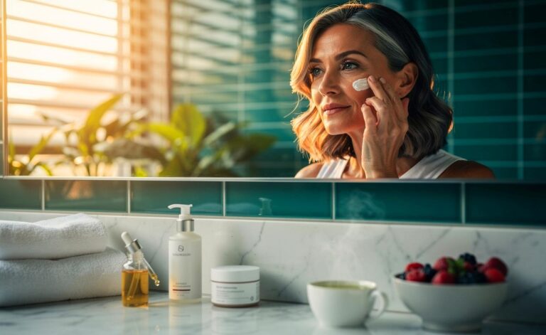 Illustration von einer Frau ab 50 bei ihrer morgendlichen Hautpflegeroutine mit sanfter Reinigung, Antioxidantien und konsequentem UV-Schutz zur Unterstützung der Hautregeneration