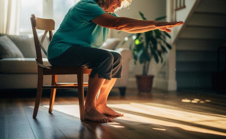 Illustration von einer Person über 50, die die Sitz-zu-Stand-Übung zur Kräftigung der Beinmuskulatur an einem stabilen Stuhl ausführt