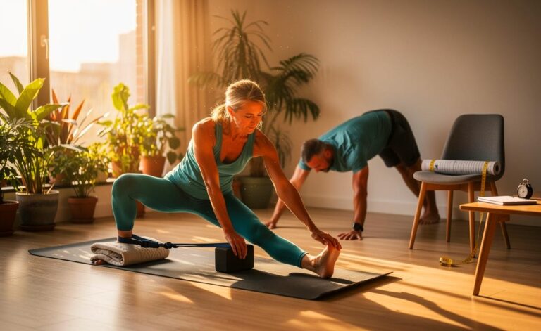 Illustration von [Menschen ab 50 bei regelmäßigen Yoga-Übungen und einfachen Beweglichkeitstests zur messbaren Verbesserung der Beweglichkeit im Alter]