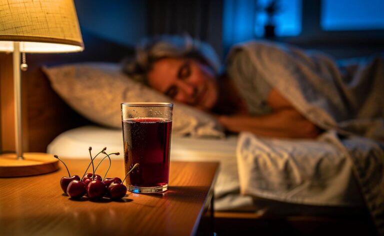 Illustration von einem ärztlich empfohlenen Sauerkirschsaft als Abendgetränk für tiefen Schlaf ab 53 Jahren