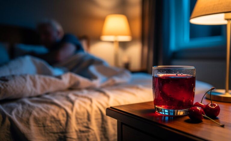 Illustration von einem Glas Sauerkirschsaft auf dem Nachttisch in warmer Abendbeleuchtung als einfaches Abendgetränk für ruhigen Schlaf ab 56 Jahren