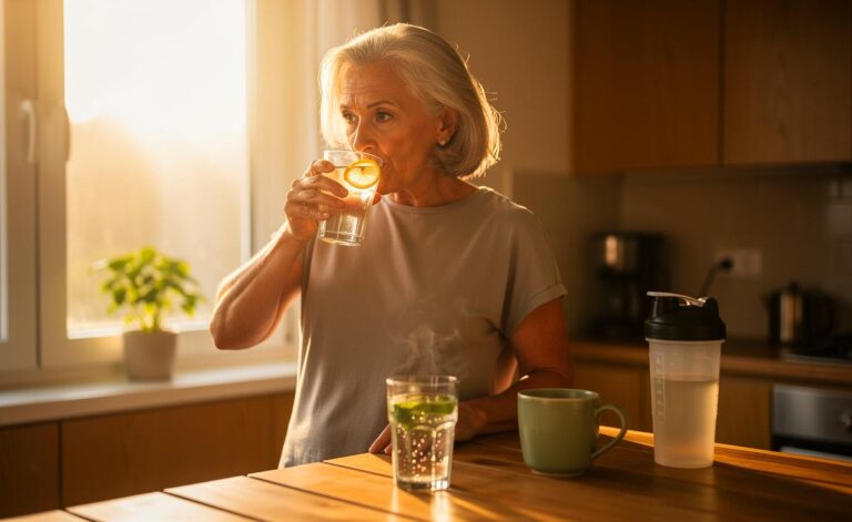 Illustration von einer Person ab 57 Jahren, die morgens ein einfaches Getränk für stabile Tagesenergie trinkt