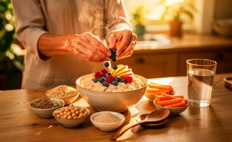Illustration von löslichen Ballaststoffen aus Hafer, Gerste, Hülsenfrüchten und Obst, die bei Menschen ab 60 die Herzgesundheit natürlich fördern