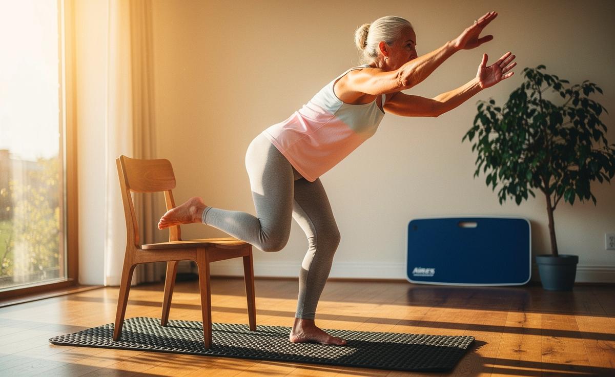 Illustration von einer älteren Person beim Einbeinstand neben einer Haltehilfe auf rutschfestem Boden für mehr Gangsicherheit und Sturzprävention