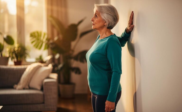 Illustration von einer älteren Person, die die Wandkletterübung zur Verbesserung der Schulterbeweglichkeit ausführt