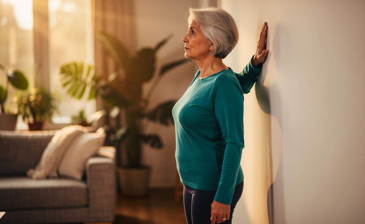 Illustration von einer älteren Person, die die Wandkletterübung zur Verbesserung der Schulterbeweglichkeit ausführt