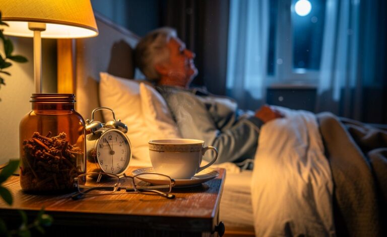 Illustration von einer Tasse Baldriantee auf dem Nachttisch im warmen Abendlicht, begleitet von einem Wecker und einer Brille, als Ritual für ruhigeren Schlaf bei Menschen ab 60 Jahren