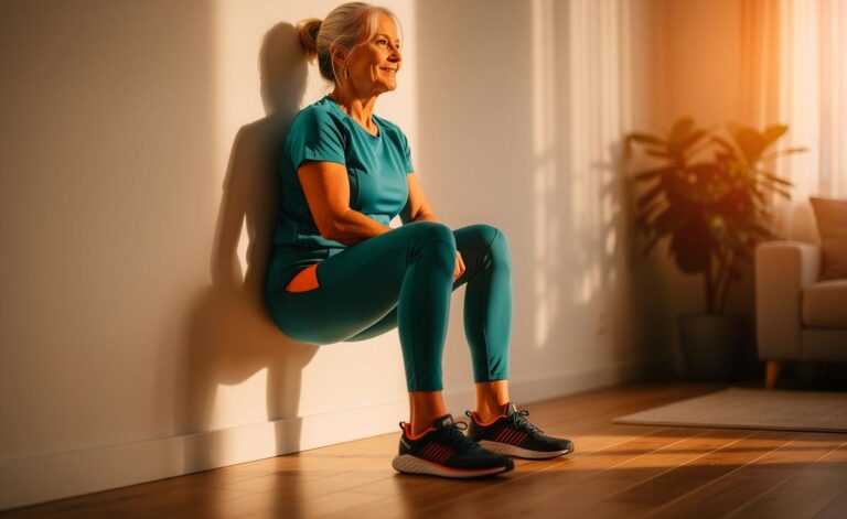 Illustration von [einer älteren Person (62+) beim Wandsitz zur Stabilisierung der Knie und Linderung von Gelenkschmerzen]