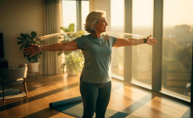 Illustration von einer älteren Person ab 62, die im Stehen sanfte Armkreise zur Verbesserung der Schulterbeweglichkeit ausführt