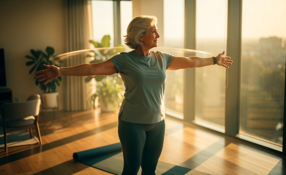 Illustration von einer älteren Person ab 62, die im Stehen sanfte Armkreise zur Verbesserung der Schulterbeweglichkeit ausführt