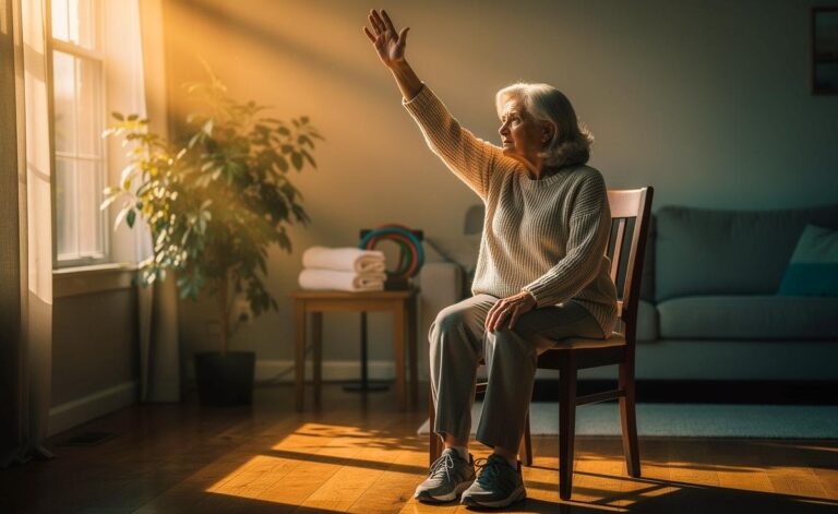 Illustration von einer Seniorin, die auf einem stabilen Stuhl eine von Orthopäden empfohlene einfache 5-Minuten-Dehnung für bewegliche Gelenke ausführt