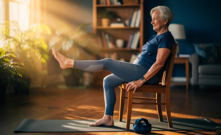 Illustration von einem älteren Menschen, der auf einem Stuhl sitzend eine Kniestreckung ausführt – ab 65 empfohlene Übung für bessere Gelenkgesundheit