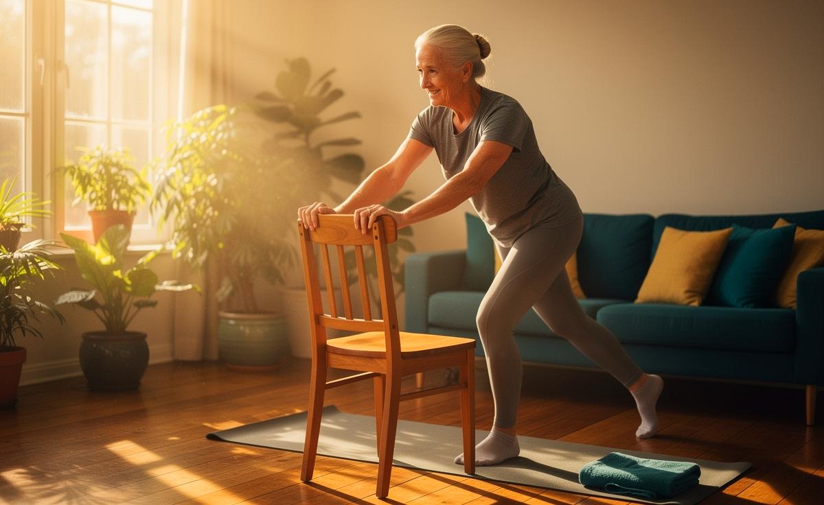 Illustration von einer älteren Person ab 65 Jahren, die mit einem Stuhl eine einfache, orthopädisch empfohlene Dehnübung zur Verbesserung der Gelenkbeweglichkeit ohne Aufwand ausführt